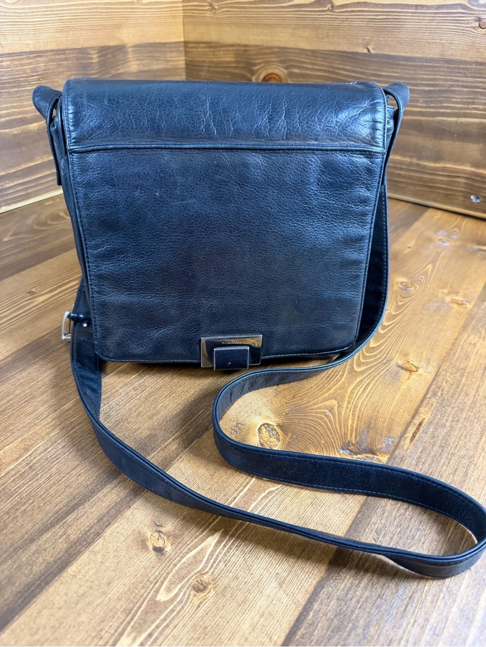Vintage Perlina New York Black Leather Shoulder Bag Small
